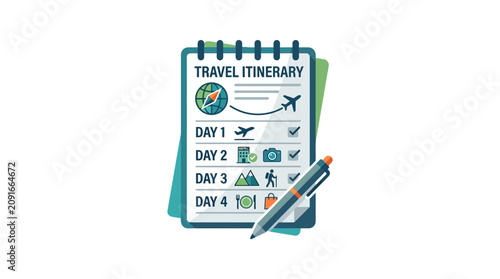 Foto Travel itinerary planning document on a spiral notebook with adventure icons and