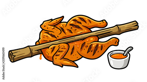 Filipino grilled chicken inasal on bamboo skewer with basting sauce vector illustration