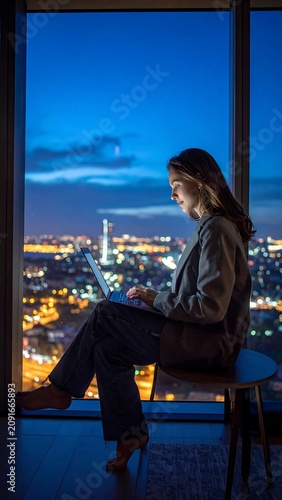 A woman is sitting, typing on a laptop, illuminated by the screen's glow against the city lights backdrop at twilight