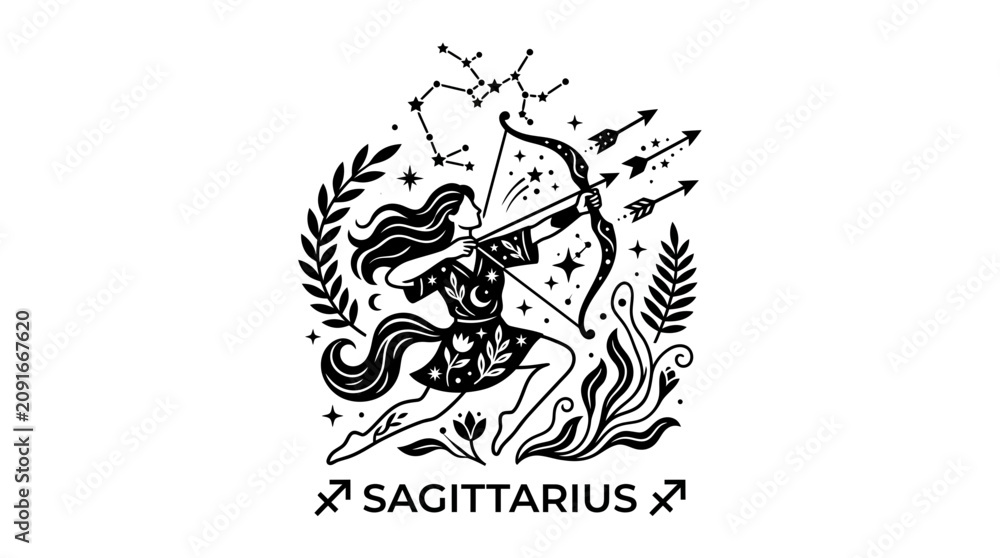 Fototapeta premium Black and white celestial archer zodiac illustration with mystical elements