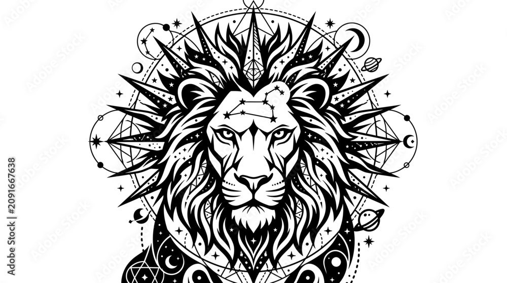 Obraz premium Lion head celestial zodiac vector art with geometric symbols