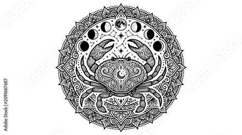 Intricate Celestial Crab Mandala with Moon Phases and Stars