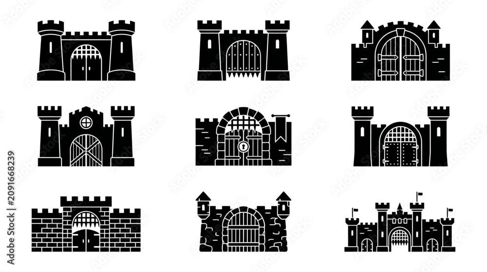 Obraz premium Black and white castle gate icons.