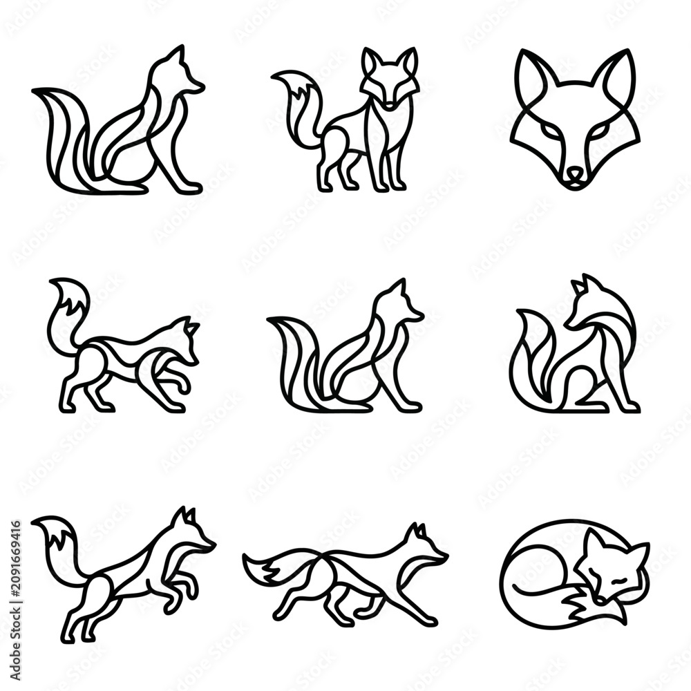 Naklejka premium Collection of various fox line art.