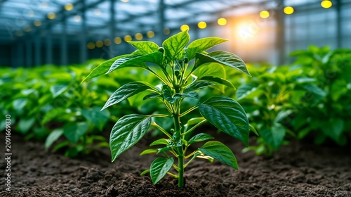 Young green pepper plant growing in a greenhouse with soft sun flare and bokeh background