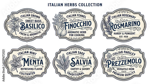 Bild auf Leinwand Italian Herb Collection Labels: Basil, Fennel, Rosemary, Mint, Sage, Parsley