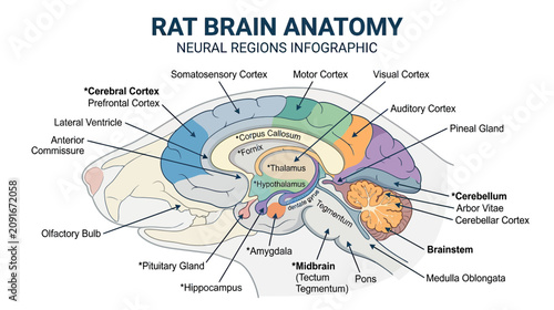 Cuadro en lienzo Rat Brain Anatomy Infographic: Neural Regions Labeled Diagram