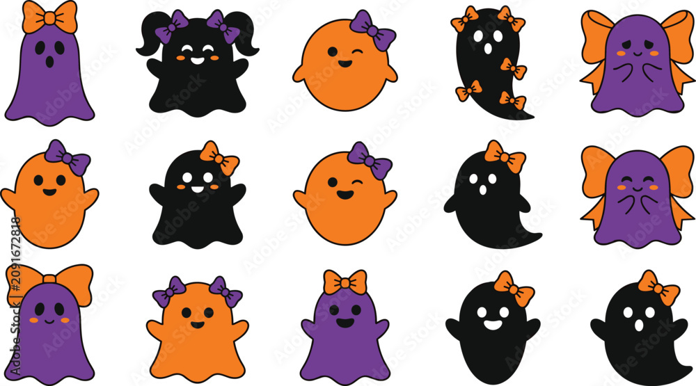 Fototapeta premium Cute Halloween ghost character set featuring spooky little phantoms with hair bows in purple orange and black vector illustration