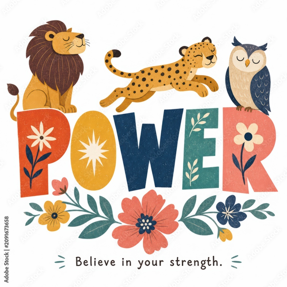 Naklejka premium Colorful Graphic Featuring A Lion Leopard Owl And Flowers With The Word Power