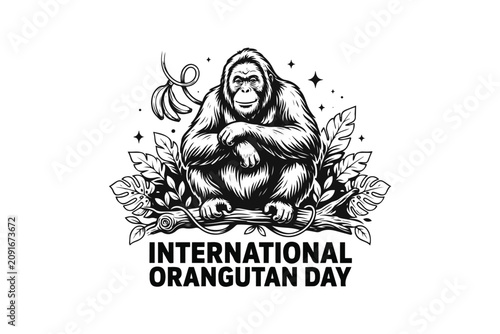 Photography International Orangutan Day Vector Illustration, Rainforest Wildlife Protection