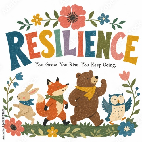 Colorful Illustration of Animals Representing Resilience with Floral Elements and Positive Message