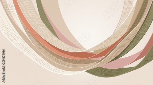 A beautiful minimalist vector illustration featuring elegant, curved ribbons of floating linen fabric with textured cross-hatch patterns in earthy shades of beige, olive green, and terracotta.