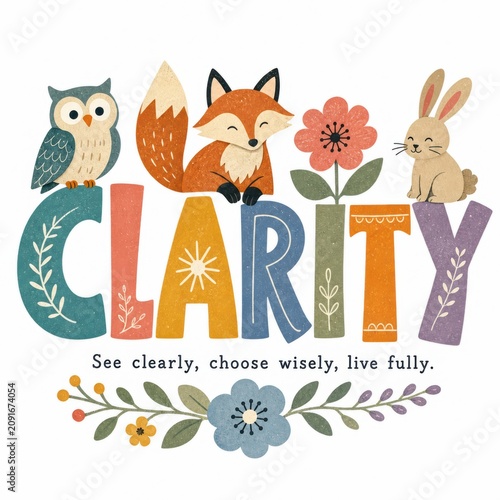 Colorful Illustration of Animals Surrounded by the Word Clarity with Floral Accents