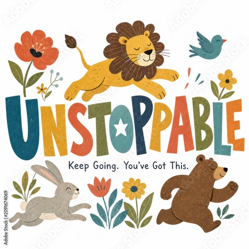 Colorful Illustration of Animals with Inspirational Quote in Playful Style