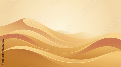 A beautiful minimalist vector landscape illustration of smooth, flowing desert sand dunes with elegant wavy layers under a warm golden and soft cream gradient sky.