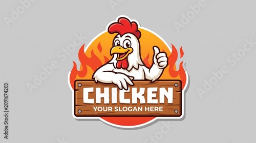 A fun cartoon mascot logo featuring a cheerful white chicken giving a thumbs-up while leaning over a wooden sign with fire flames on a grey background.