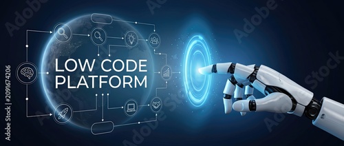 A futuristic robotic hand engaging with a low code platform interface set in a digital landscape that showcases elements of global connectivity and advanced technology.
