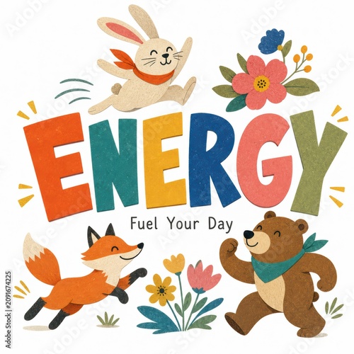 Colorful Illustration of Playful Animals with Flowers and Vibrant Energy Typography