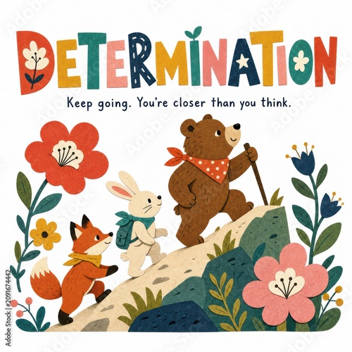 Cute Animal Characters Hiking Up a Colorful Hill Surrounded by Flowers and Inspirational Text