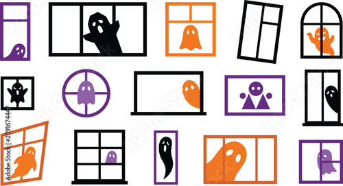 Bild auf Leinwand Minimalist Halloween haunted house window frames set with simple cute ghost silh