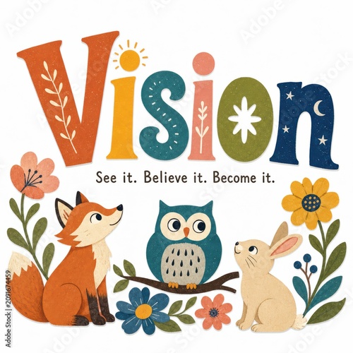 Colorful Vision Illustration with Animals and Flowers Featuring Forest Creatures
