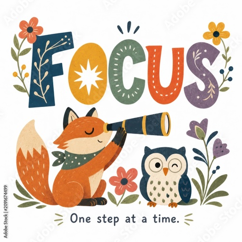Illustration of a Fox With a Telescope and an Owl Surrounded by Colorful Flowers and the Word Focus