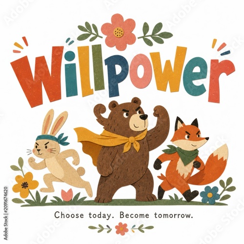 Playful Animal Characters Representing Willpower with Colorful Design and Flowers