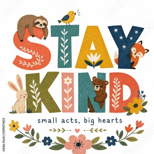 Playful Animals And Colorful Text Themed Around Kindness With Floral Elements