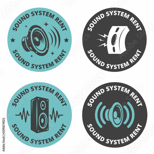 A collection of sound system rental logos featuring speakers, sound waves, and audio elements to represent music and event services for rental businesses.