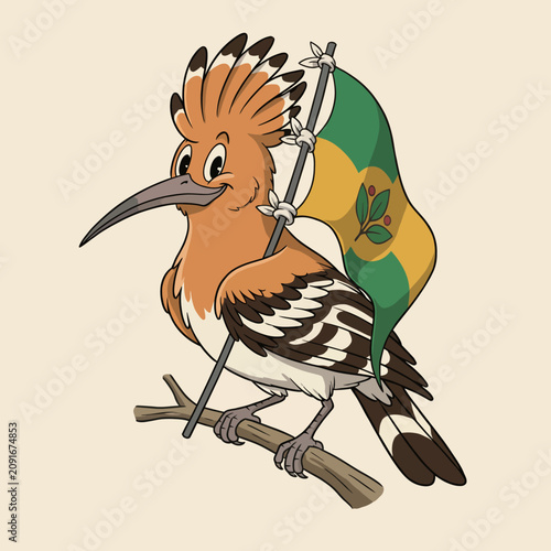 This whimsical image depicts a cheerful cartoon bird proudly holding a flag, symbolizing joy, freedom, nature, and a playful representation of personal or cultural identity.