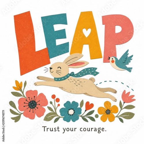 Playful Rabbit Leaping Across Colorful Floral Background With Inspirational Message
