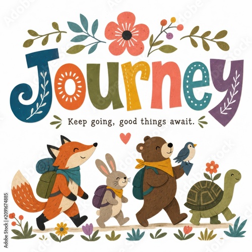Whimsical Animal Adventure Journey Illustration Featuring Small Forest Creatures With Backpacks