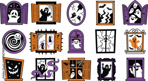 Bild auf Leinwand Haunted Halloween house windows set featuring spooky ghost silhouettes peeking p