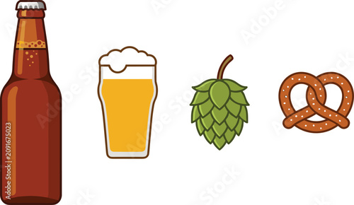 Foto Craft beer and brewery elements vector illustration set with brown glass bottle