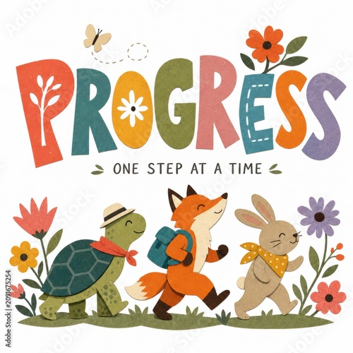 Whimsical Illustration of A Turtle Fox and Rabbit Walking Through Colorful Flowers