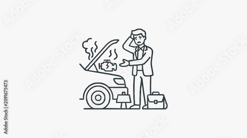 Fotografie Dynamic Black and White Line Drawing of Frustrated Man Calling Near Broken Down