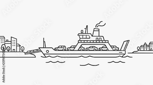 Konstfotografi Dynamic Black and White Line Drawing of Ferry Transporting Cars Between Urban Ar