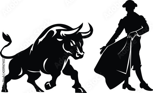 фотографія Black and white vector illustration of a Spanish matador facing an aggressive ch