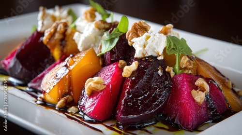 Roasted Beetroot and Goat Cheese Salad: A vibrant salad featuring roasted beetroot and golden beetroot, topped with creamy goat cheese, toasted walnuts, and fresh greens.