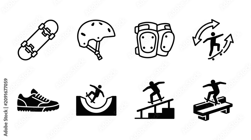 Fototapeta premium Skateboarding icons set including board helmet pads ramp stairs railing and skater performing tricks with skateboarding