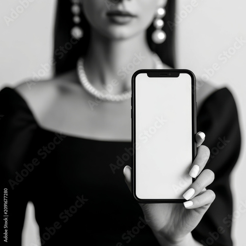 Black and white photograph of woman in elegant attire holding smartphone with blank screen, showcasing modern style and grace
