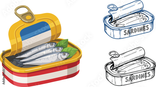 Canned Sardines Vector Set Featuring Opened Tin Can of Fish in Flat Cartoon Style and Detailed Hand Drawn Vintage Engraving Sketches