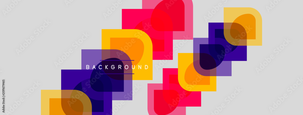 Fototapeta premium Abstract geometric shapes overlap, creating vibrant colorful background. Rectangles, squares, circles blend seamlessly. Modern design elements present.