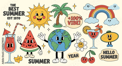 Obraz na plátne Vector collection of retro-style design elements including vintage icons, classic typography motifs, nostalgic mid-century illustrations, and colorful graphic assets for creative projects