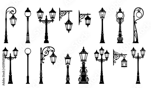 Fotografía Set of Vintage Street Lamp Silhouette Icons Black Ornate Lamp Post and Wall Lant