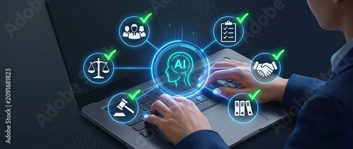 Business professional using laptop with ai technology icons representing innovation in law finance and teamwork showcasing modern digital solutions and productivity enhancements.