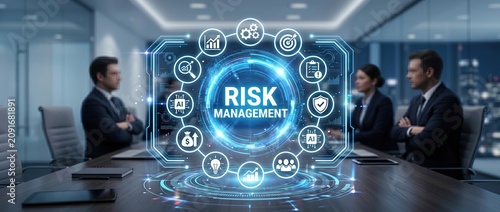 Business professionals engaged in a discussion about risk management with digital holographic interface showcasing various aspects of risk assessment and strategy.
