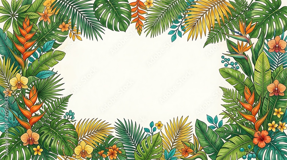 Naklejka premium Decorative tropical leaves border with vibrant flowers for design