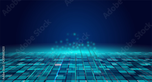 Abstract blue technological background with a perspective grid floor, glowing light rays, and bokeh effects, ideal for digital presentations, data visualization, and futuristic concepts.