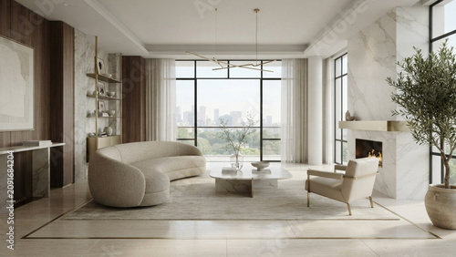 Spacious High-End Living Room with Curved Sofa and Panoramic City View